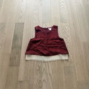 Club Monaco Sleeveless Layered Top in Burgundy with Cream Crochet Hem